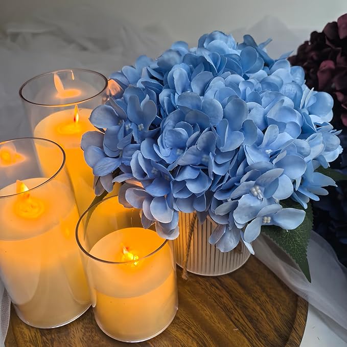 Flower Table Centerpieces - Set of 6 Floral Arrangement Artificial Wedding Hydrangeas Floral Arrangement with Rustic Metal Vase for Bridal Tea Party Event Decorations - Pastel Blue