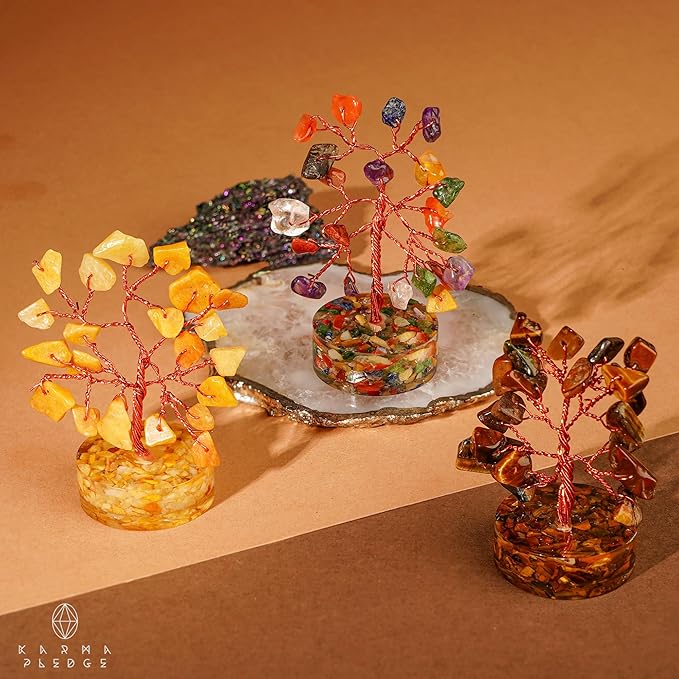 Set of 12 Crystal Trees Unique Birthday Gifts for Women, Mom & Dad, Orgone Base Handmade Reiki Healing Stones for Home, Office Desk Decor, Bring Money, Positivity, Spiritual Good Luck Gifts
