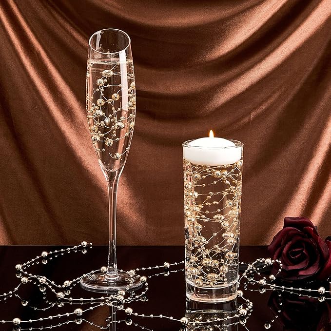 Tondiamo 24 Pcs Artificial Pearl String for Floating Candle Faux Pearls Beads String Garland Centerpiece Decoration for Vases Filler Wedding Spring Holiday Party Decor(Rose Gold)