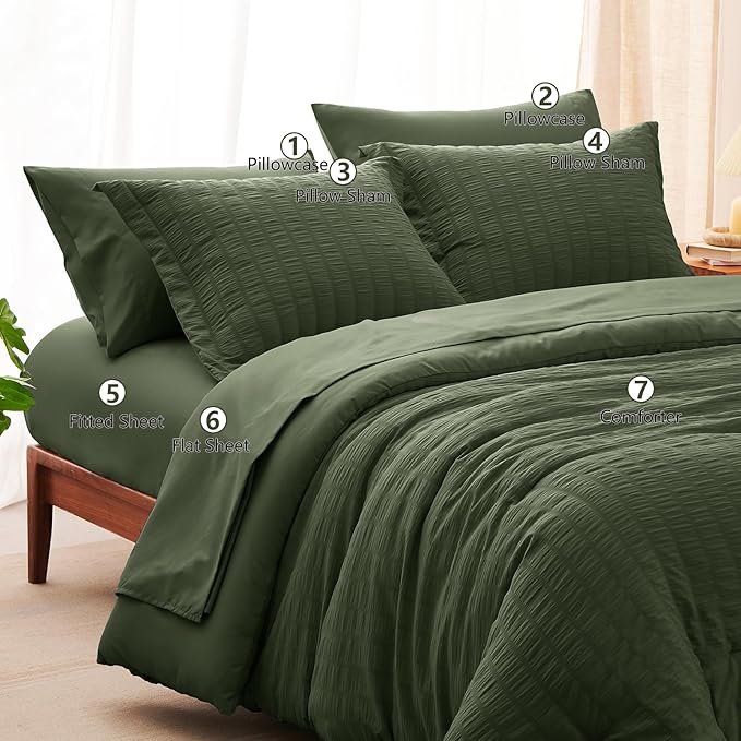 CozyLux Twin Comforter Set with Sheets 5 Pieces, Olive Green Seersucker Textured Bed in a Bag, Luxury Soft Bedding Sets with Down Alternative Comforter, Sheets, Pillowcase & Sham for All Seasons
