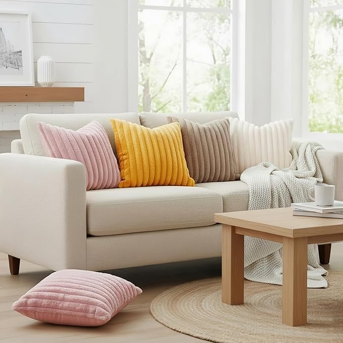decorUhome Summer Cozy Faux Fur Throw Pillow Covers 12x12 Set of 2 Decorative Soft Plush Striped Modern Farmhouse Boho Couch Pillow Cases with Velvet Back for Sofa Bed Living Room, Cream White