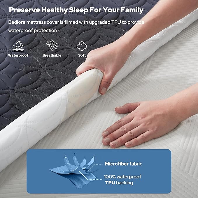 BEDLORE Waterproof Mattress Protector, RV Queen Size Mattress Pad Noiseless with Deep Pocket 6"-18" Depth, Soft Breathable Dirt-Proof Bed Mattress Cover Washable (Navy Blue)