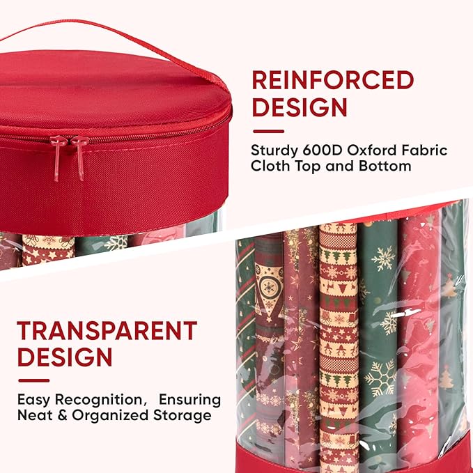 BALEINE Christmas Wrapping Paper Organizer Storage, 41" Gift Wrapping Paper Storage Containers, Clear PVC with Durable 600D Oxford Fabric Gift Wrap Paper Holder Fits 18-25 Rolls, Golden