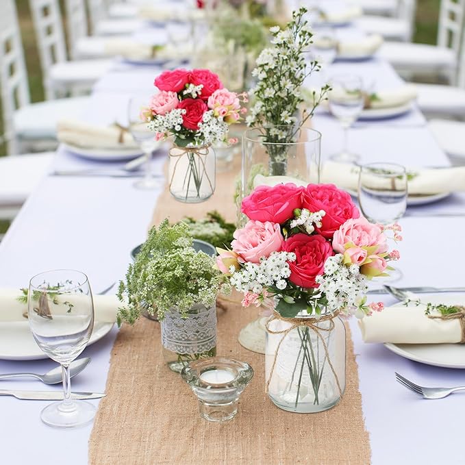 Zeyune 12 Sets Mason Jar Centerpiece Table Decorations, Artificial Peony Baby's Breath Flower Bouquets, Faux Flowers with Vase, Rustic Decor Gifts for Home, Wedding, Holiday (Pink Mix)