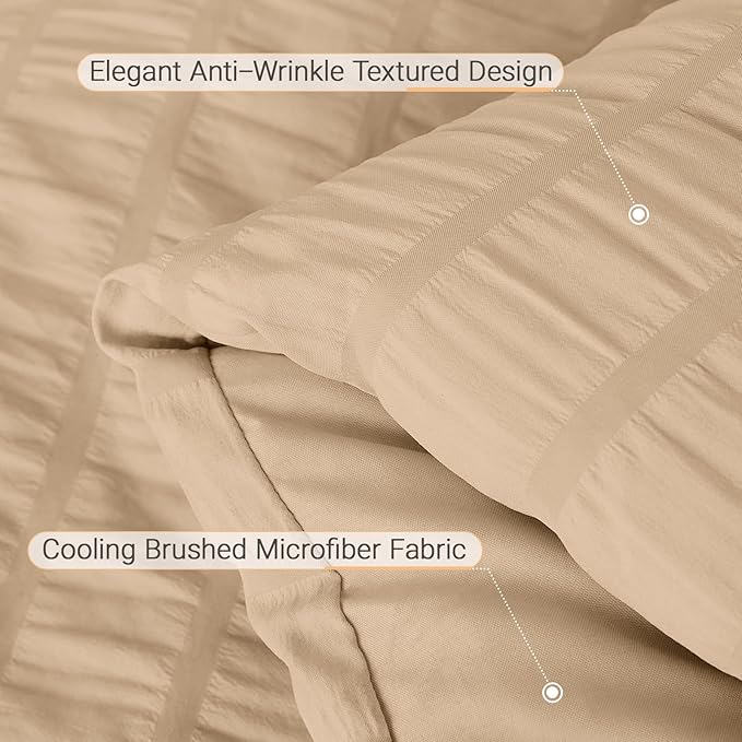 MUXHOMO 5 Pieces Twin XL Comforter Set, Seersucker Bed in a Bag Twin XL Size, All Season Luxury Bedding Set with Comforter, Flat Sheet, Fitted Sheet, Pillowcase & Sham, Khaki