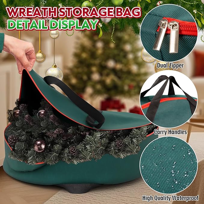 Christmas Wreath Storage Container 30 Inch With MERRY Chenille Letters, Wreath Bag Box Garland Ornament Storage With Waterproof Fabric Dual Zippered And Handles