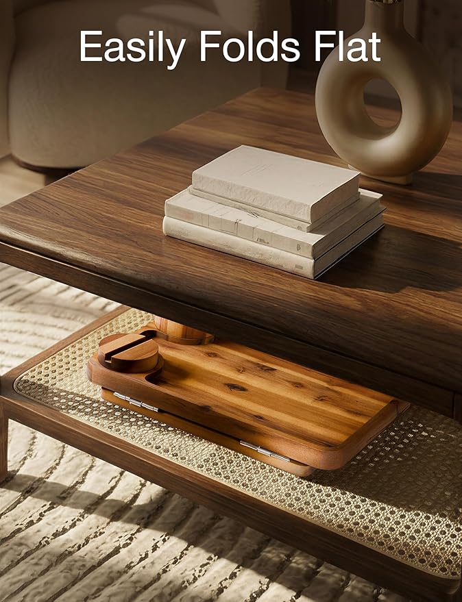 HOLANA Acacia Wood Couch Arm Tray, 15.74”x9.8” Arm Table for Couch - Couch Cup Holder Tray with Rotated Phone Holder, Cup Holder - Clip on Sofa Armchair Caddy with Non-Slip Pad (Acacia)