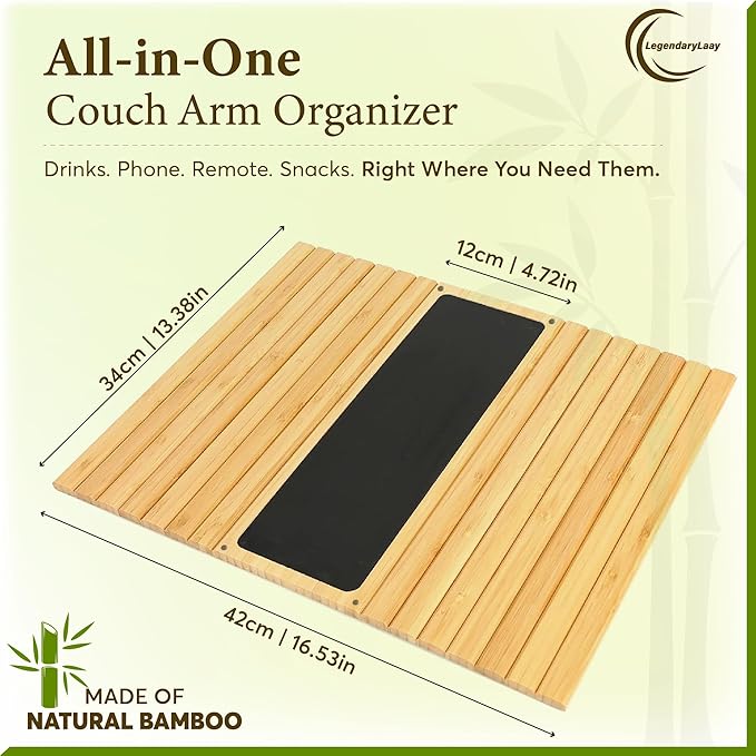 Couch Cup Holder & Bamboo Armrest Tray – Foldable Non-Slip Sofa Arm Table for Drinks, Snacks, Remote Control & Phone