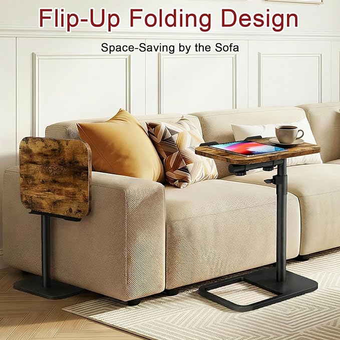 Tv Tray Table Adjustable Height Couch Side Table, Tilt Angle Adjustments-360° Swivel/180° Flip-Over Panel C-Shaped End Table With Tablet Slot, Computer Desk for Chair, Living Room (Rustic Brown)