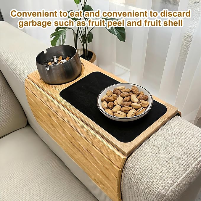 Couch Armrest Table with Cup Holder - Bamboo Couch Cup Holder 3-in-1 Magnetic Detachable, Anti-Slip Foldable Sofa Arm Tray for Drink, Snack, Coffee, Mugs, Remote, Cellphone, Cup (Natural)