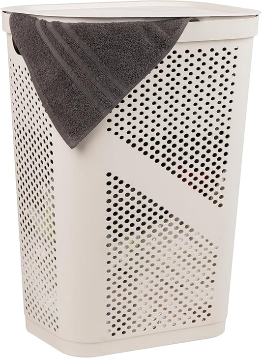 Mind Reader Slim Laundry Hamper with Lid, 60L Clothes Basket, Ventilated Plastic, Ivory
