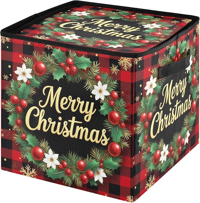 Christmas Tree Jingle Bells Ornament Storage Basket Box Xmas Wreath Winter Holiday Storage Container Cube with Adjustable Dividers for 64 Holiday Ornaments or Decorations Keeps Clean and Dry