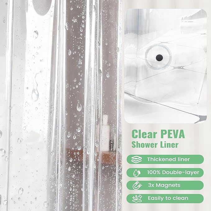 Dynamene Extra Long Shower Curtain and Liner Set - 84 inch Tall Waffle Fabric, Waterproof Clear Liner, Heavy Duty Weighted Hotel Luxury Shower Curtains for Bathroom with 12 Hooks, 72x84, Charcoal Grey
