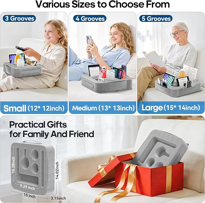 Couch Cup Holder Tray, Couch Caddy for Drink, Snack, Phone, Remote, Ipad, Game Controller, Large-size Sofa Cup Holder for Bed, Sofa, Car, Desk, Gray