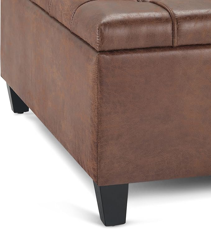SIMPLIHOME Harrison Coffee Table Storage Ottoman - 36 inch Wide Upholstered Vegan Leather Square Lift-Top Ottoman in Distressed Umber Brown, Transitional Ottoman for Living Room with Storage