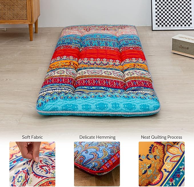 MAXYOYO Bohemian Floor Cot Mattress, Japanese Floor Mattress Narrow Twin Futon Single Mat for Adults, Foldable Futon Roll Up Mat for Camping