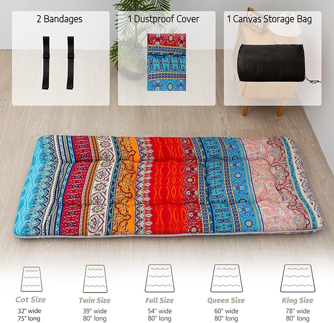 MAXYOYO Bohemian Floor Cot Mattress, Japanese Floor Mattress Narrow Twin Futon Single Mat for Adults, Foldable Futon Roll Up Mat for Camping