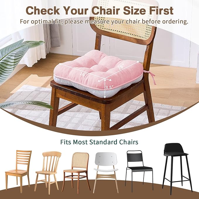 BETU Pink Chair Cushions for Dining Chairs Set of 4,3.5" Thick Kitchen Table Chair Pads with Ties,Non Slip Backing and Covers, Seat Cushion for Dining Room,Bar,Patio Chairs,16"X16"X3.5",Pink