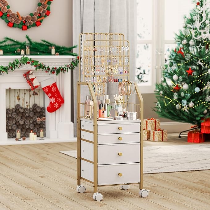 SWTYMIKI Gold Jewelry Organizer Stand - Multifunctional Rack Tower for Necklace, Earring, Ring & Bracelet Display - Moveable Storage Jewelry Holder Stand with 4 Nonwoven Drawers for Bedroom Gold