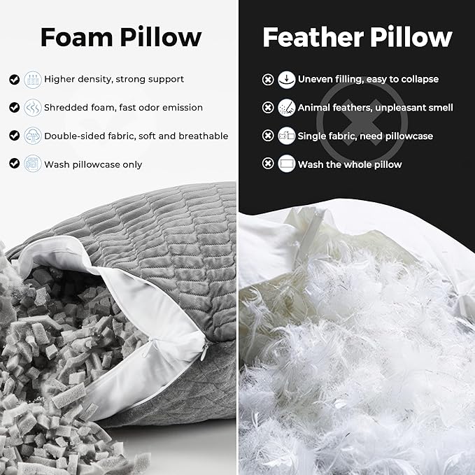 puredown® Pillows Standard Size Set of 2, Shredded Memory Foam Pillows, Cooling Pillow for Sleeping, Bed Pillows Standard Size with Adjustable Foam for Side, Back and Stomach Sleepers, Grey