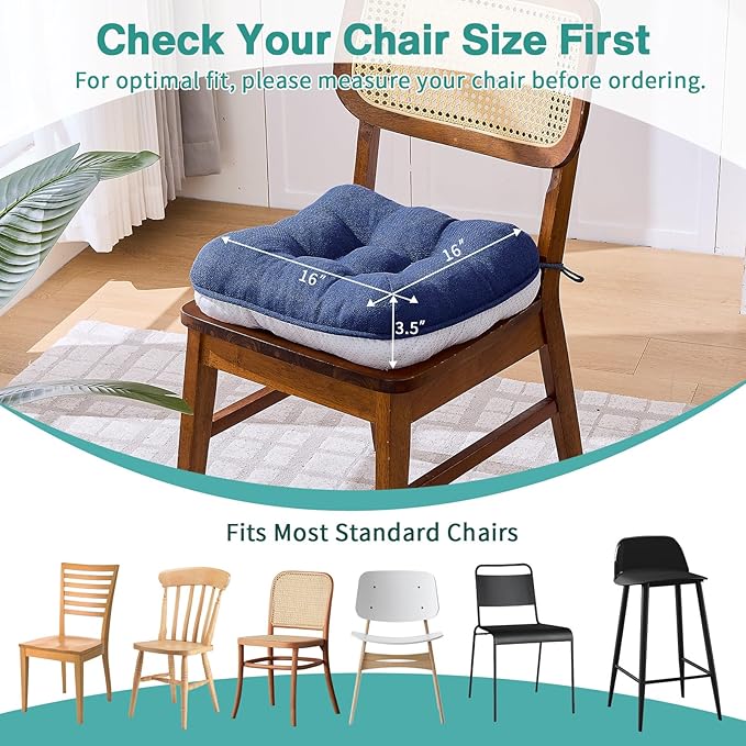 BETU Chair Cushions for Dining Chairs Set of 2,3.5" Thick Kitchen Table Chair Pads with Ties,Non Slip Backing and Covers, Seat Cushion for Dining Room,Bar,Patio Chairs,16"X16"X3.5",Navy Blue