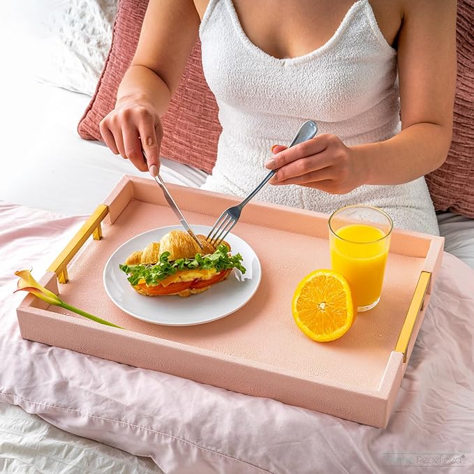 Home Redefined Modern Elegant 17.5"x12" Rectangle Baby Pink Tray Glossy Shagreen Faux Leather Decorative Ottoman Coffee Table Perfume Dresser Kitchen Serving Tray with Gold Polished Metal Handles.