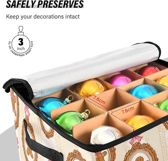 Gingerbread Man Christmas Ornament Storage Basket Box Candy Cane Winter Holiday Storage Container Cube with Adjustable Dividers for 64 Holiday Ornaments or Decorations Keeps Clean and Dry