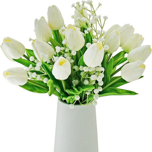 Mandy's White Artificial Tulips Flowers Centerpiece, 13.5" Lifelike PU Fake Floral Stems 20pcs and 3pcs White Baby's Breath for Kitchen Island & Dining Table, Spring Decor for Easter