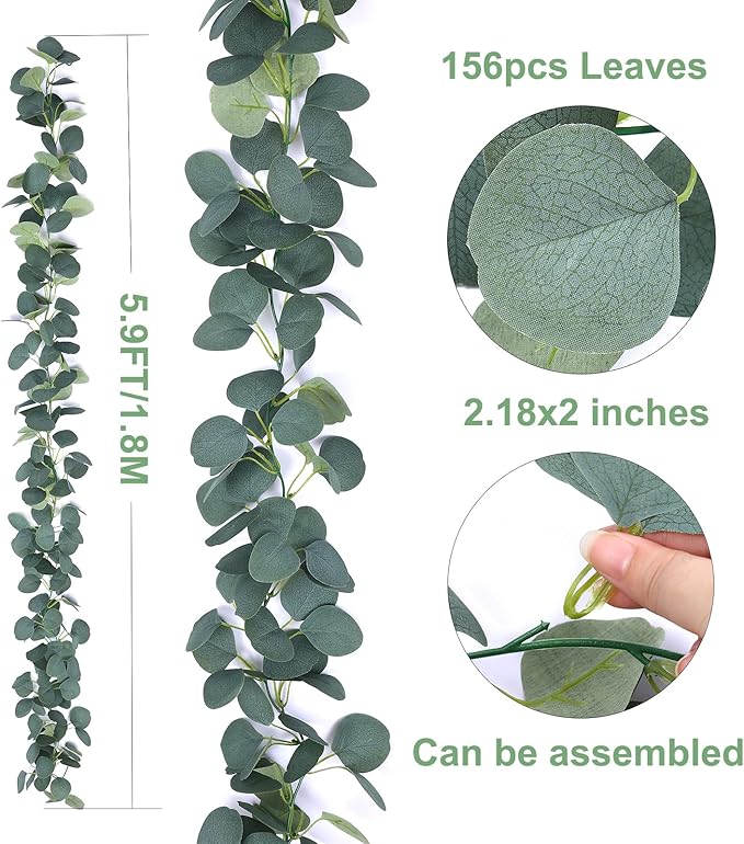 FUGZAUD 2 Pack Artificial Eucalyptus Garland Faux Silk Leaf Silver Dollar Eucalyptus Leaves Vines Handmade Garland Greenery Wedding Backdrop Indoor Outdoor Arch Wall Decoration