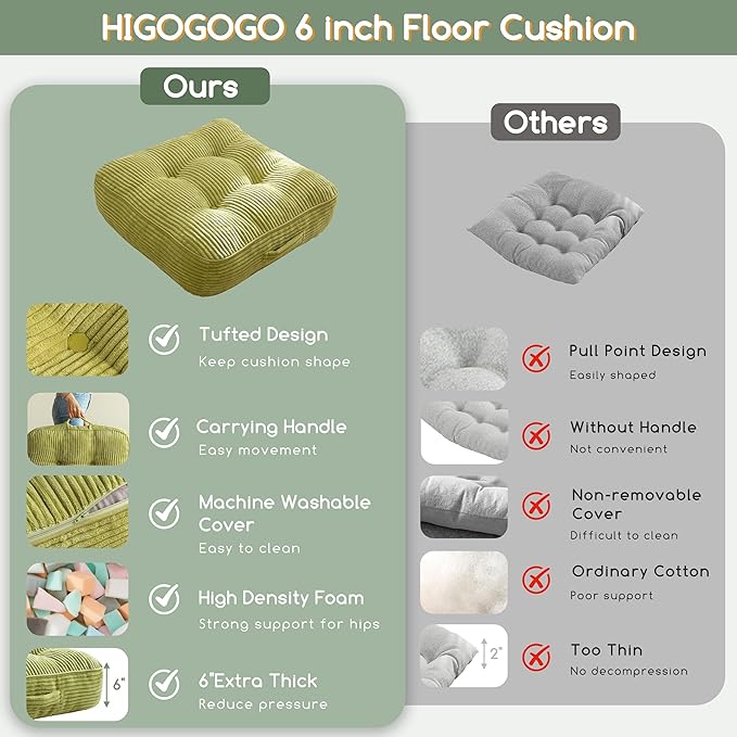 HIGOGOGO 6" Extra Thick Floor Pillow Cushion for Adults, Meditation Cushion Pillow, Large Square Floor Sitting, Tufted Corduroy Cover, for Tatami Living Room or Yoga, 22x22 Inch, Green