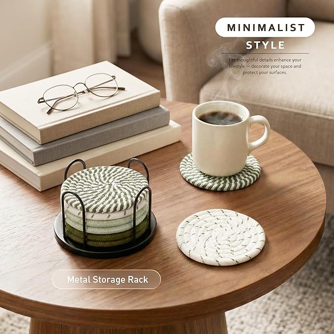 Lazebox Coasters Set of 8 for Drinks, Beer, Coffee, Cotton Woven 4 Colors Absorbent Coaster with Holder, Boho Coasters for Home Decor Tabletop Protection Suitable for Kinds of Cups
