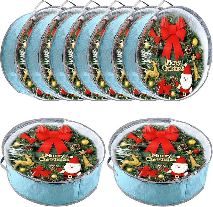 Dunzy 8 Pieces Wreath Container Christmas Wreath Storage Bag Garland Tear Resistant Fabric Round Boxes with Clear Window for Storage for Xmas Holiday Ornament(24×24×7.8 Inch,Blue)