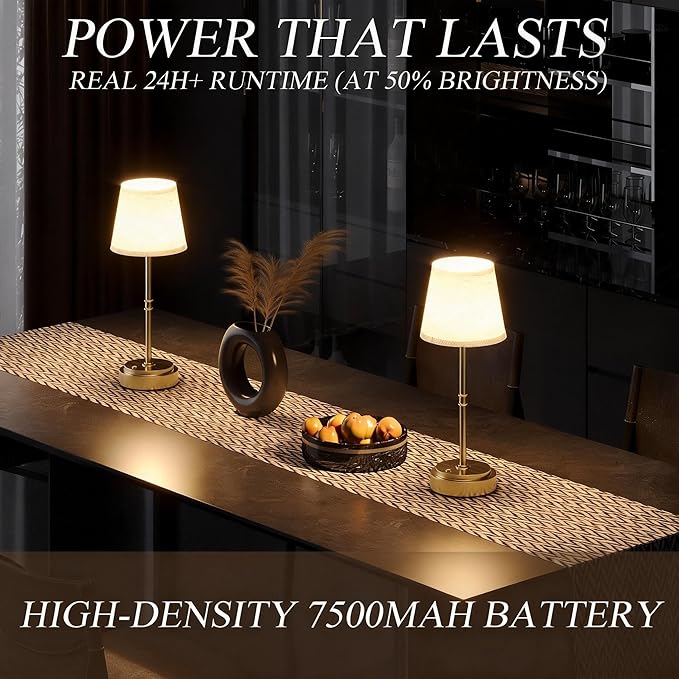 Cordless Table Lamp - 7500mAh Longest Lasting Battery Operated Lamp, 1 Pack Antique Brass Aesthetic Cozy Rechargeable Desk Lamp for Kitchen Counter, Dining Room & Restaurant Centerpiece