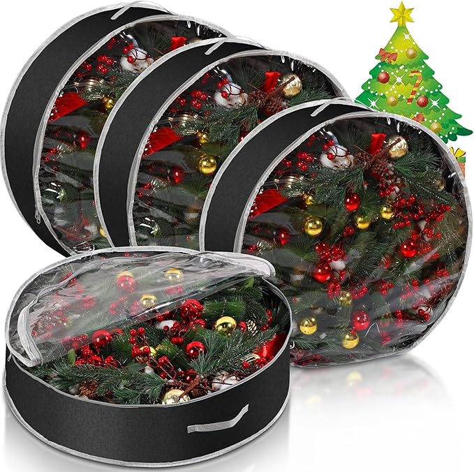 Aliceset 4 Pack Wreath Storage Containers, Ornament Garland Wreath Storage Bags with Handle Zipper Decorative Storages Box for Winter Valentine Wreaths(36 x 36 x 7.8 Inch,Black)