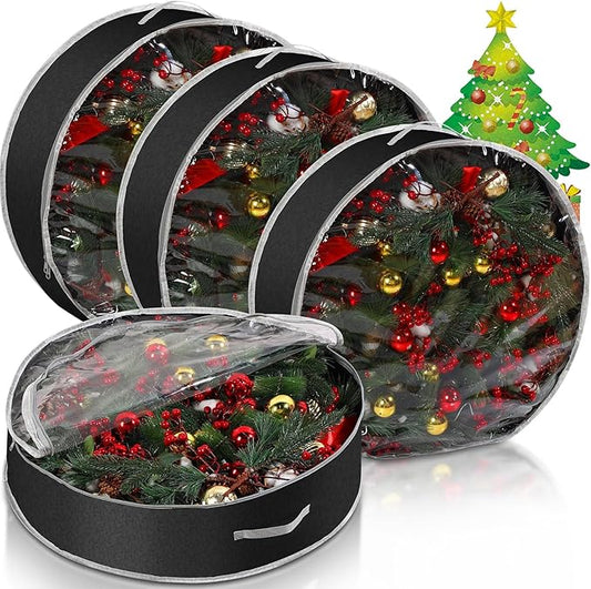Aliceset 4 Pack Wreath Storage Containers, Ornament Garland Wreath Storage Bags with Handle Zipper Decorative Storages Box for Winter Valentine Wreaths(36 x 36 x 7.8 Inch,Black)