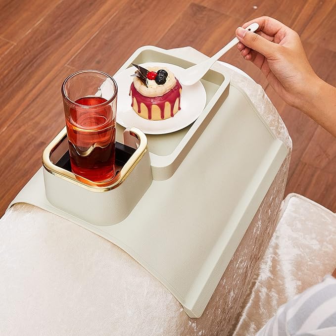 1 Pc Couch Cup Holder Tray Silicone Anti-Spill Anti Slip Sofa Armrest Drink Holder Weighted Couch Caddy Recliner Arm Table for Remote Controls, Phones, Cups and Snacks (White)