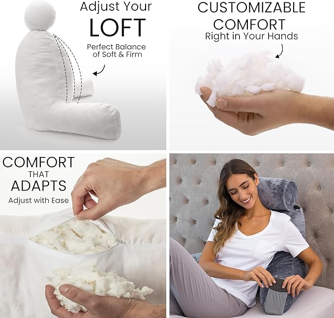 Husband Pillow Medium Reading Pillow with Arms - 23" Backrest for Sitting Up in Bed - Firm Support Bed Rest Pillow for Adults, Neck Roll, Removable Cover - TV, Reading, Lounging - Dark Grey