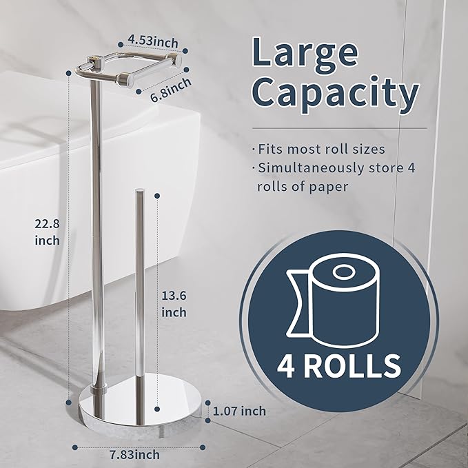 RARXTR Toilet Paper Holder Stand, Post Pivoting Design Free Standing Toilet Paper Holder with Storage for 4 Rolls, SUS304 Stainless Steel Tissue Holder with Reserve, Heavy-Duty Base (Chrome)