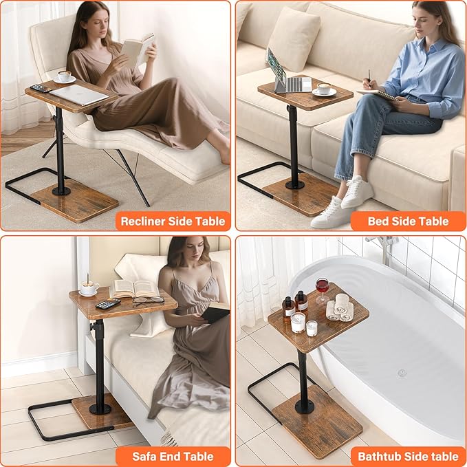 Tv Trays Set of 2 for Couch - 360°Swivel Height Adjustable, Larger Metal and Wooden Base to Prevent Slipping，TV Tray C Shaped End Table Food Snack Trays for Eating Sofa Bed Bathroom