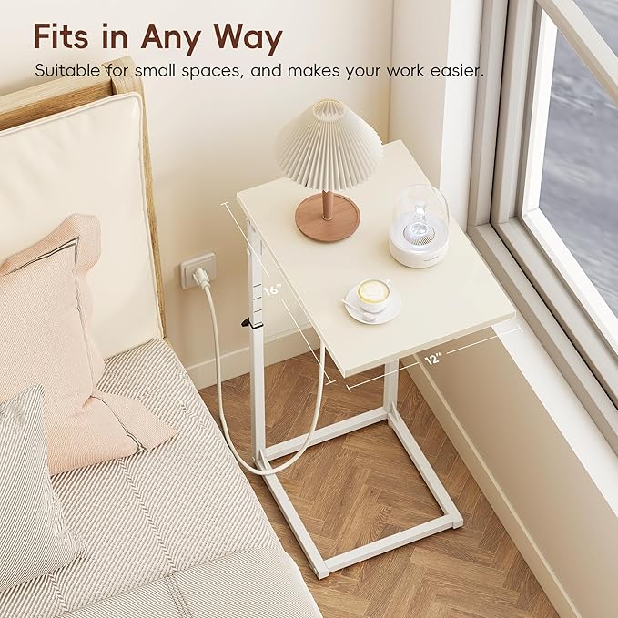 Vagusicc C Shaped End Table with Charging Station, Adjustable Height Side Table for Couch, Small Sofa Table C Table End Table, Slide Under Couch Table TV Tray Arm Table for Living Room, Bedroom, Cream