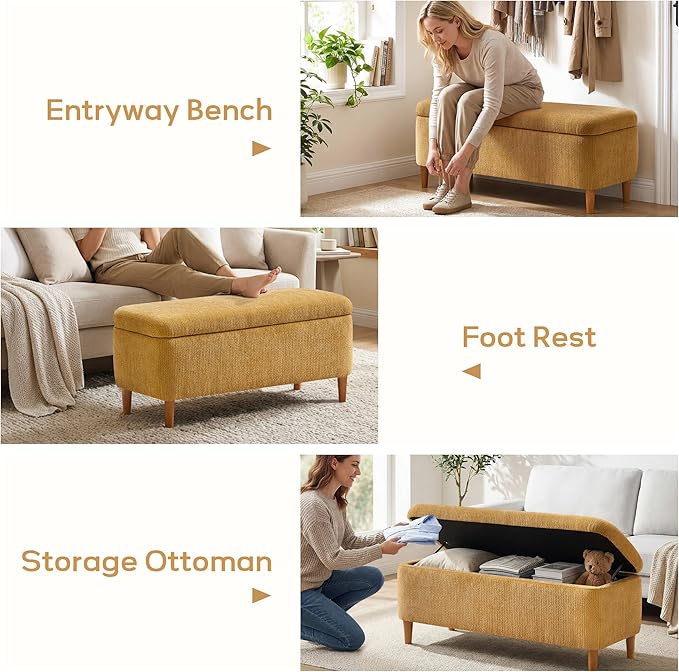 39.4”Ottoman with Storage,Upholstered Comfy Storage Bench Ottoman with Wooden Legs,End of Bed Bench Footstool for Hallway Entryway Bedroom Living Room Yellow