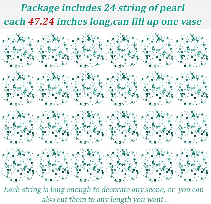 Tondiamo 24 Pcs Artificial Pearl String for Floating Candle Faux Pearls Beads String Garland Centerpiece Decoration for Vases Filler Wedding Spring Holiday Party Decor(Clear Green)