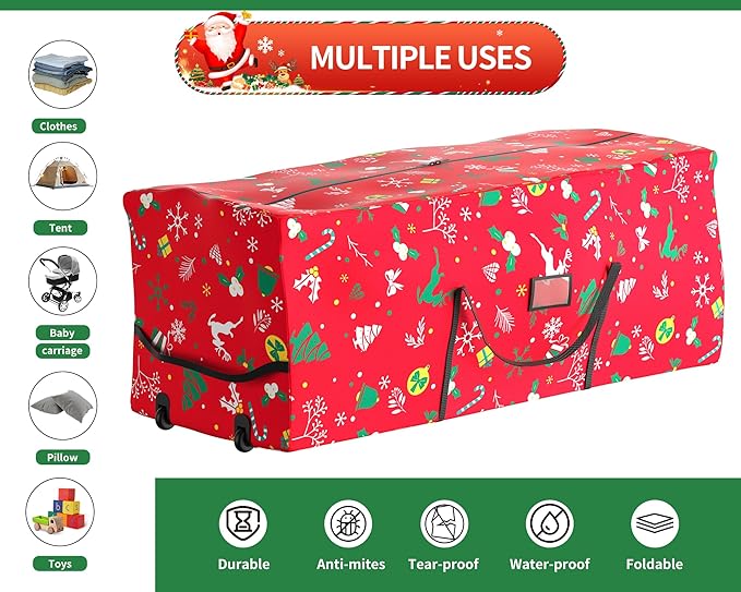 Rolling Christmas Tree Storage Bag - 9 Ft Xmas Tree Storage Bag for Artificial Trees，600D Waterproof Oxford，Dual Zippered with Durable Wheels & Handles, Dolly-Style Duffle Xmas Storage Container