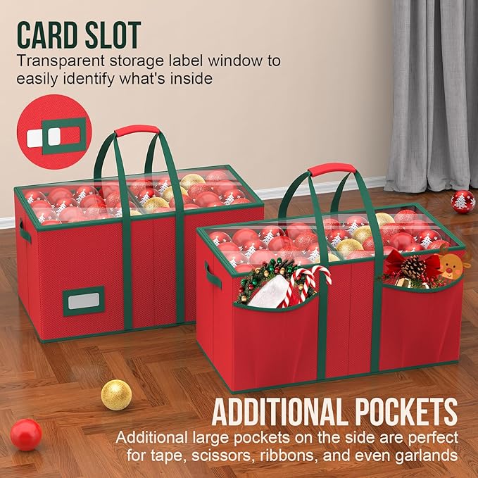 Christmas Ornament Storage Box Store 128 Ornaments, Xmas Ornament Organizer Storage box with Dual Zipper Closure and Adjustable Dividers, Large Holiday Decorations Containers with 8 Individual Trays