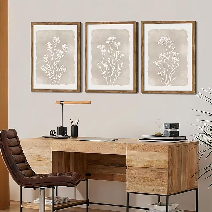 Framed Boho Botanical Flower Wall Art Set of 3, Vintage Minimalist Neutral Floral Wall Decor Paintings, Rustic Farmhouse Wildflower Artwork Prints Picture for Living Room Bedroom Bathroom 16x24 Inch