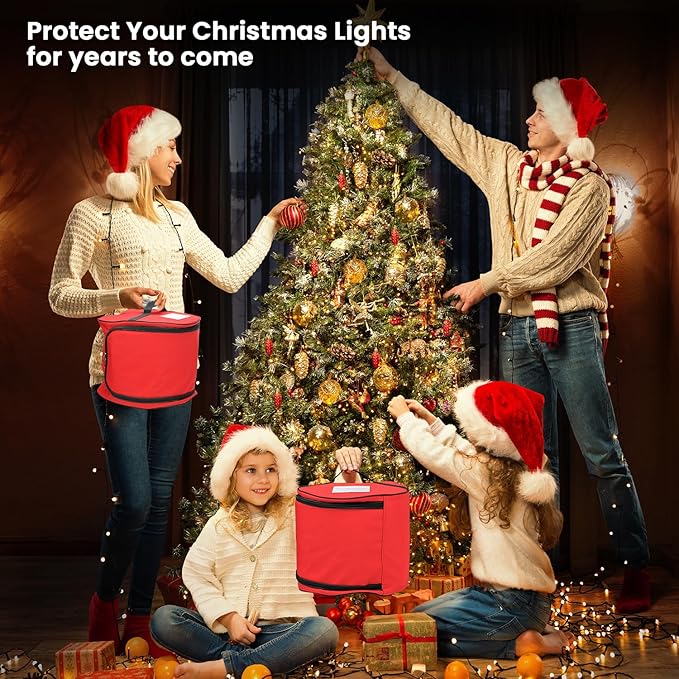 Keten Christmas Light Storage Bag, 600D Oxford Fabric Christmas Light Organizer with Reinforced Handles, 3 Reels Included to Hold 375ft Mini Christmas, Tree Lights & Extension Cords-Red