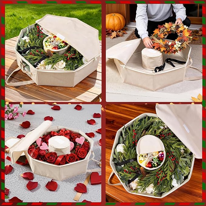 BrilliantJo Wreath Storage Hard Shell Christmas Decorations Case Bag with Interior Pockets 600D Oxford Fabric 24 Inch Xmas Container Box for Holiday Zipper and Handles Labeling Card Slot Houndstooth