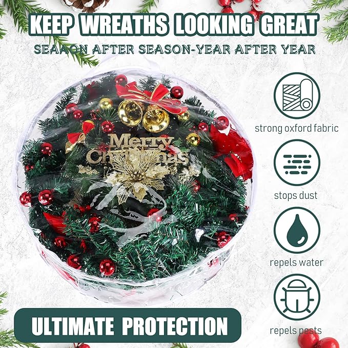 Shappy 10 Pcs 36 Inch Back to School Wreath Storage Container Clear Wreath Storage Bags PVC Waterproof Garland Bags with Clear Window Dual Zippers and Handles for Holiday Artificial Garland (White)