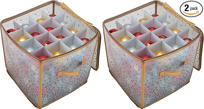 Simplify 64 Count Ornament Storage Box | Plastic | Decorative Organizer | Storage Bin | Gold | L12 x W12 x H12 (Pack of 2)