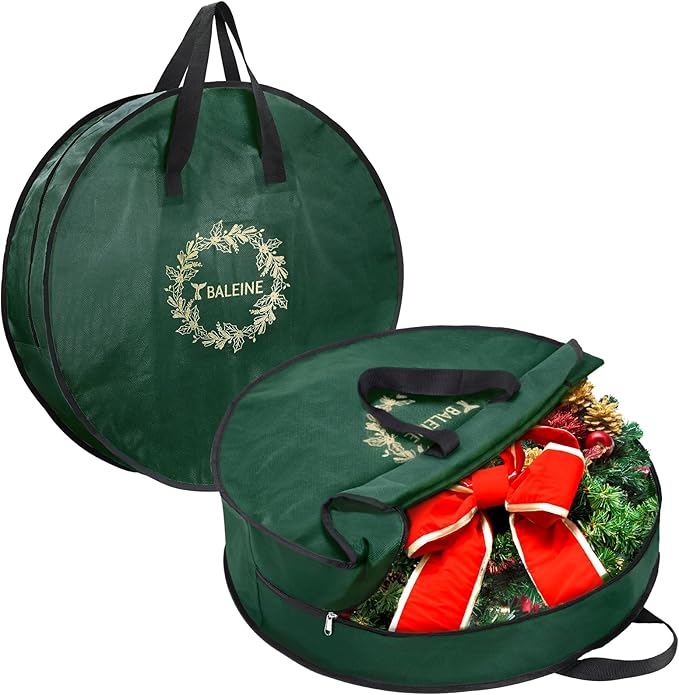 BALEINE 2 Pack Wreath Storage Container, Christmas Wreath Storage Bag with Reinforced Handle for Holiday Xmas (Green, 36"X8")